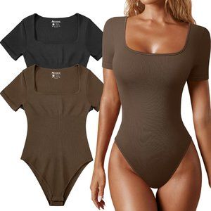 OQQ Women's Bodysuit Sexy Ribbed One Piece Square Neck Short Sleeve Large BROWN